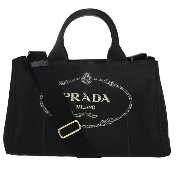 PRADA Logo Canapa 2Way Shoulder Hand Bag Canvas Leather Black GHW Italy 74KP225